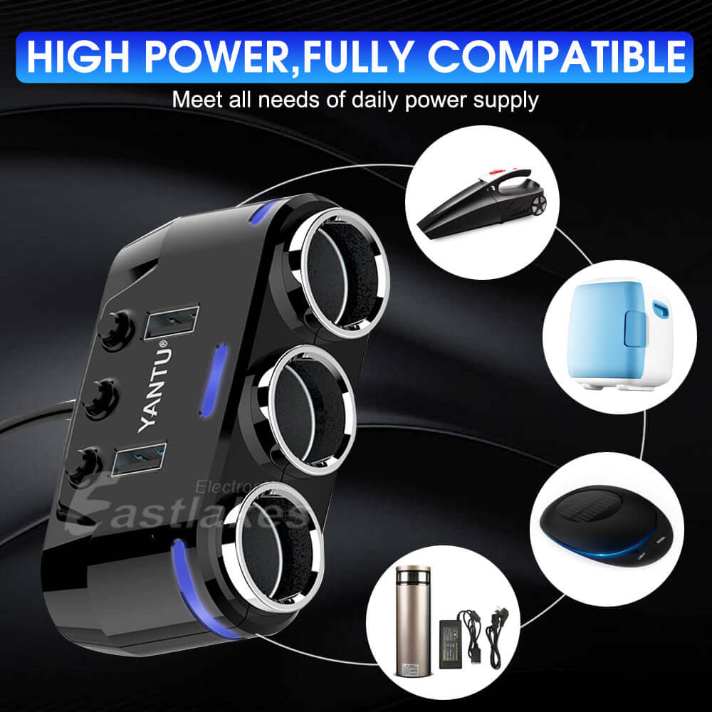 3 Way Car Cigarette Lighter Socket Splitter with Dual USB Ports - Eastlakes Electronics